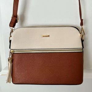 Cognac and cream crossbody purse with tri-fold wallet